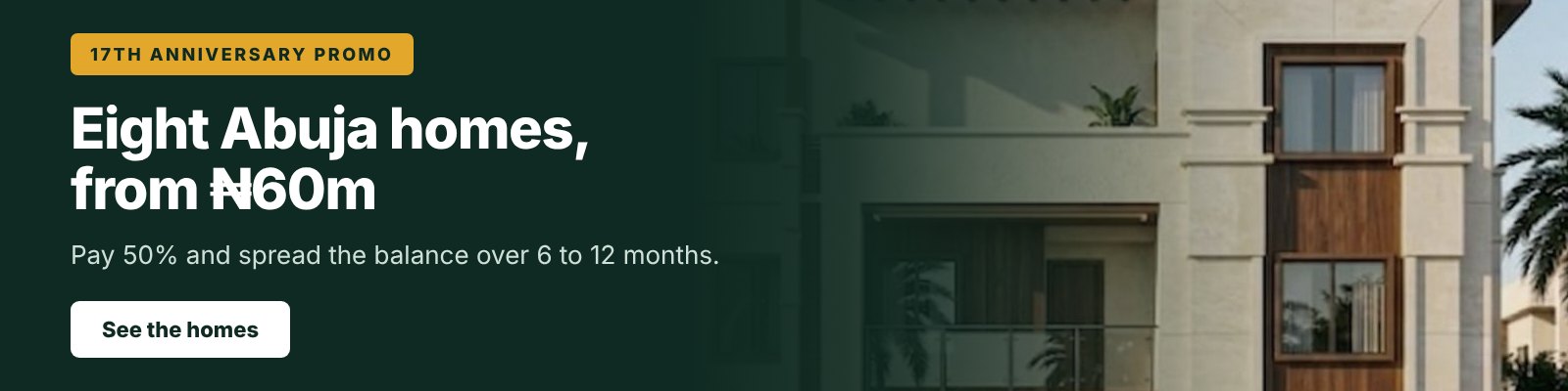 Stratech 17th Anniversary Promo: eight Abuja homes from ₦60m, pay 50% and spread the balance over 6 to 12 months